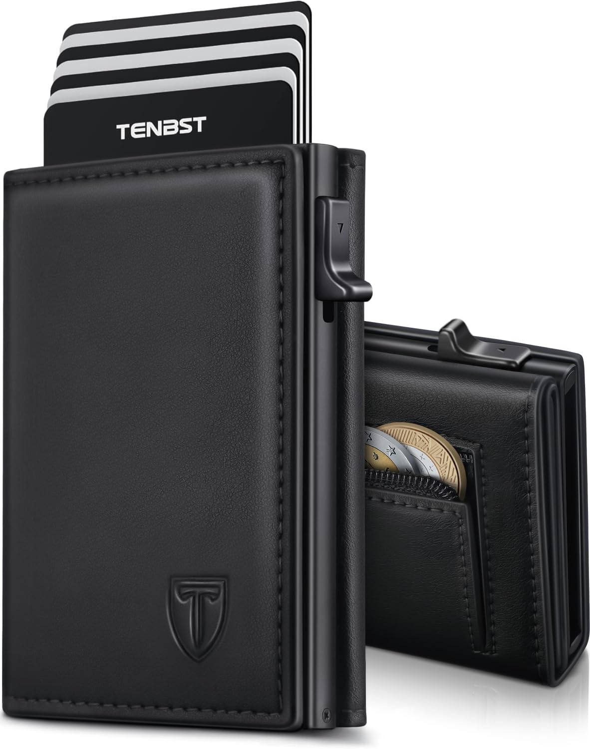 TENBST Geldbörse Herren - Portmonee Herren mit Münzfach & RFID Schutz, 8 Fächer für Kreditkarten, Kartenetui, Slim Wallet Geldbeutel, Geschenke zum Vatertag - Schwarz