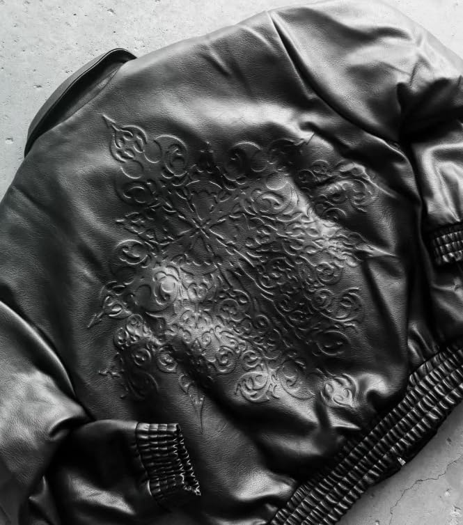Image of Stygian Emboss Jacket, Black Leather, Embossed Design, Zip Front with Studded Cuffs