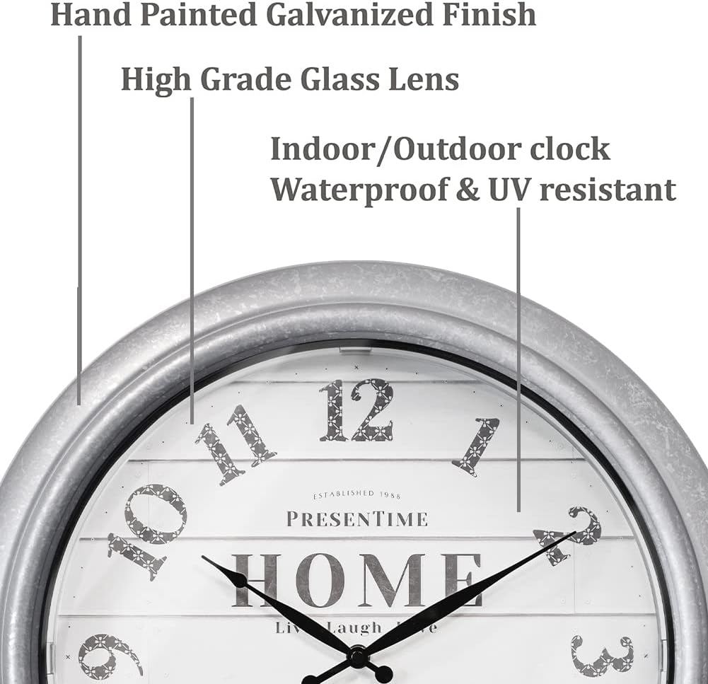 Presentime & Co 18" Vienna Modern Farmhouse Luminous Indoor/Outdoor Clock, Shiplap Style, Galvanized Silver Finish, Night Light with Smart Sensor, Wall Decoration, Outdoor Lights & Decoration.