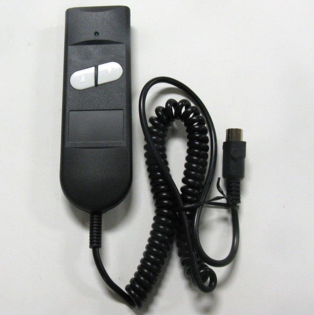 Жалпысынан view of the OKIN Standard Lift Chair Hand Control, showing the ergonomic black remote unit, coiled cord, and the quick disconnect plug.