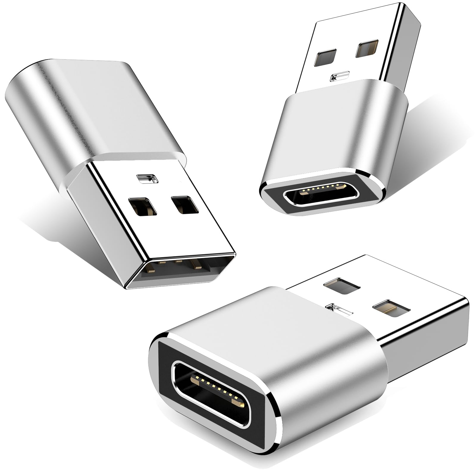 USB to USB C Adapter-3Pack,Type C Female to USB Male Charger Cable Converter for iPhone 15 Pro Max Plus/14,for Apple Watch 9/Ultra,for iPad Pro/Air/Mini,for Airpods,Samsung,Car (Silver)