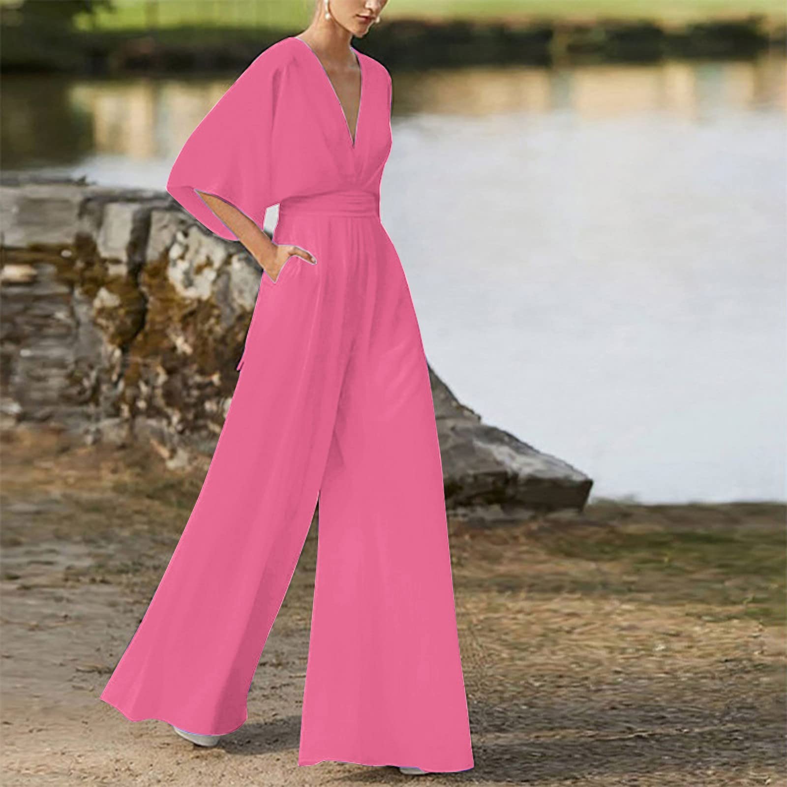 Jumpsuit Damen Sommer Lang, Overall Damen Elegant, Romper Einteiler Kostüm, Playsuit Outfit Frauen Komplett, Kurzarm Leicht Eleganter Jumpsuit Damen Festlich Weites Bein Musselin Jumpsuit Damen
