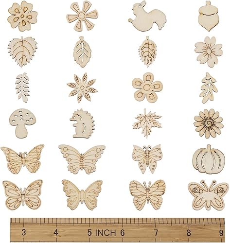 Elecrelive - 300 piezas de recortes de madera sin acabar, hojas de flores, mariposas, pequeñas piezas de madera en blanco, adornos colgantes para
