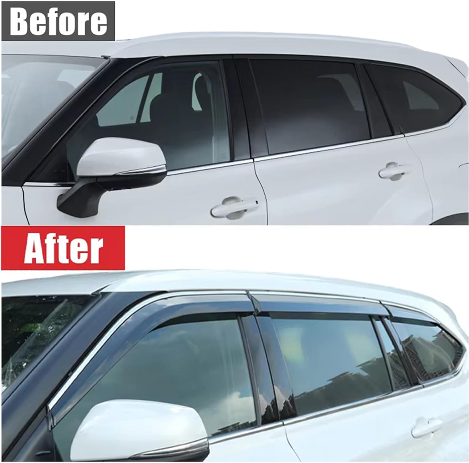 Before and after comparison of a car window, showing the window without a visor and then with a dark tinted visor installed.