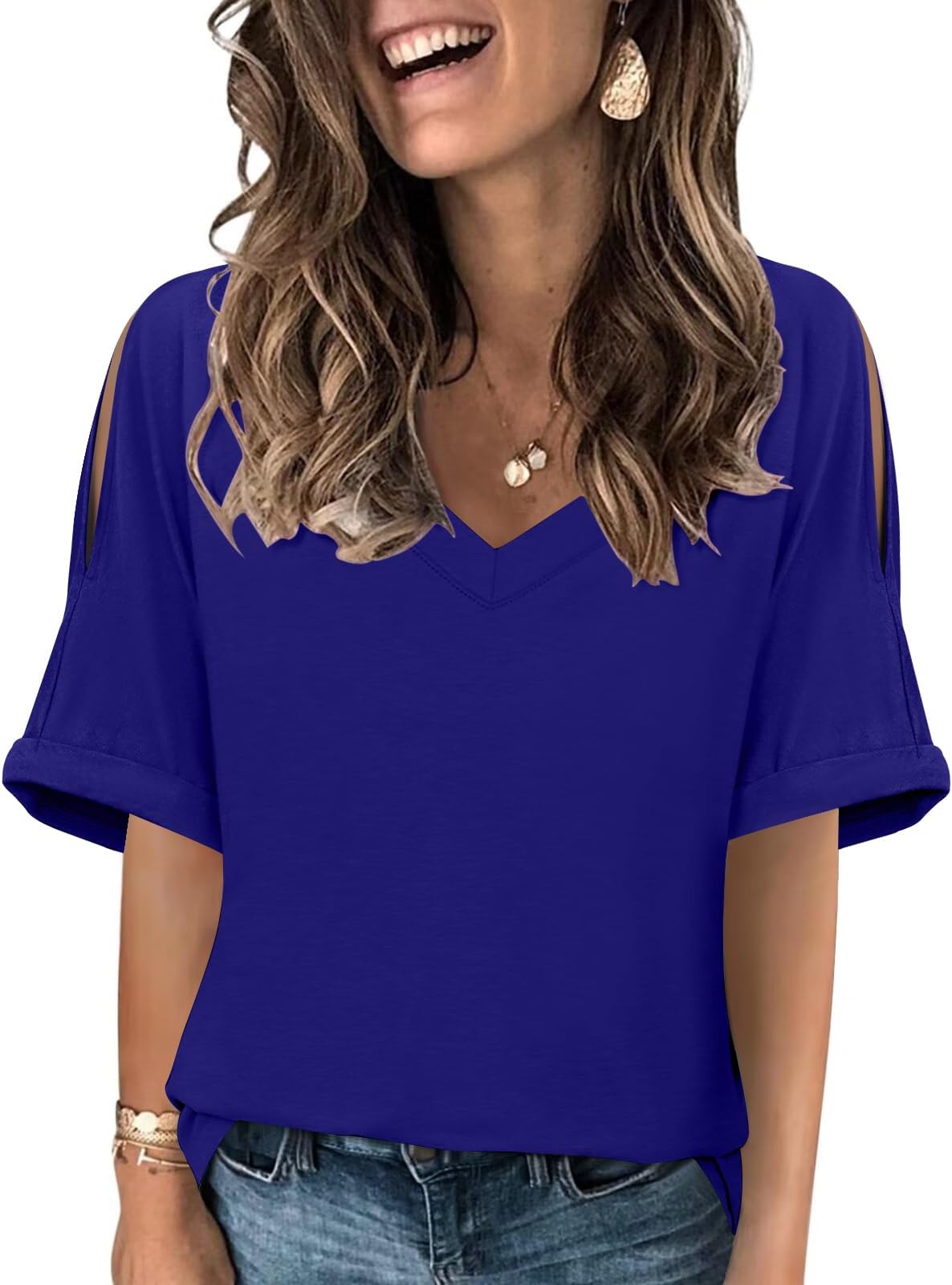 DouBCQWomens Plus Size Blouse Deep V Neck Tshirt Loose Cold Shoulder Basic Tunic Tops