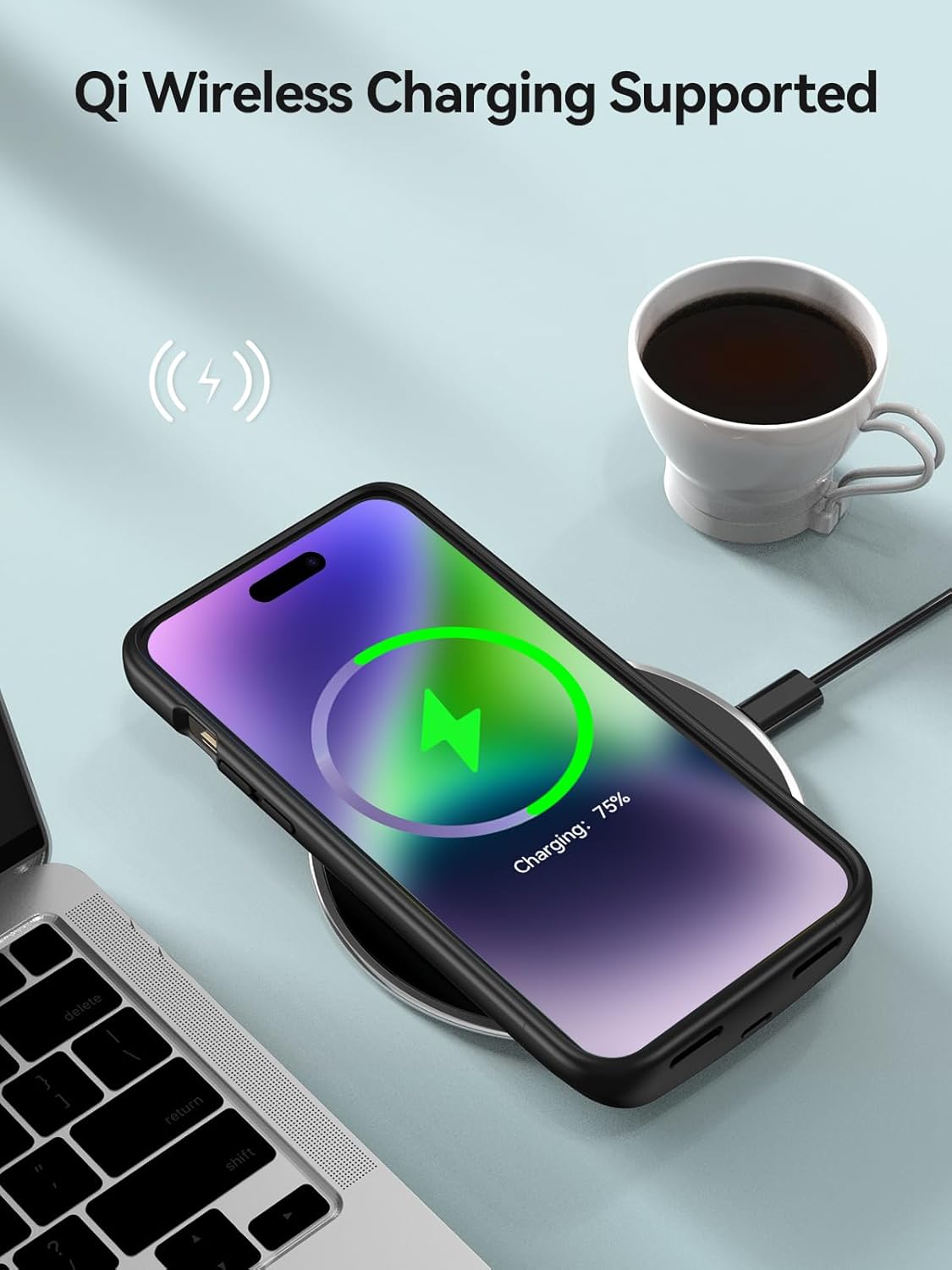 NEWDERY 10000mAh Battery Case for iPhone 14/14 Pro/13/13 Pro 6.1, Qi Wireless Charging & Wired Headset & Sync-Data Supported, Portable Protective Charger Cover (NOT for iPhone 14/13 Pro Max)