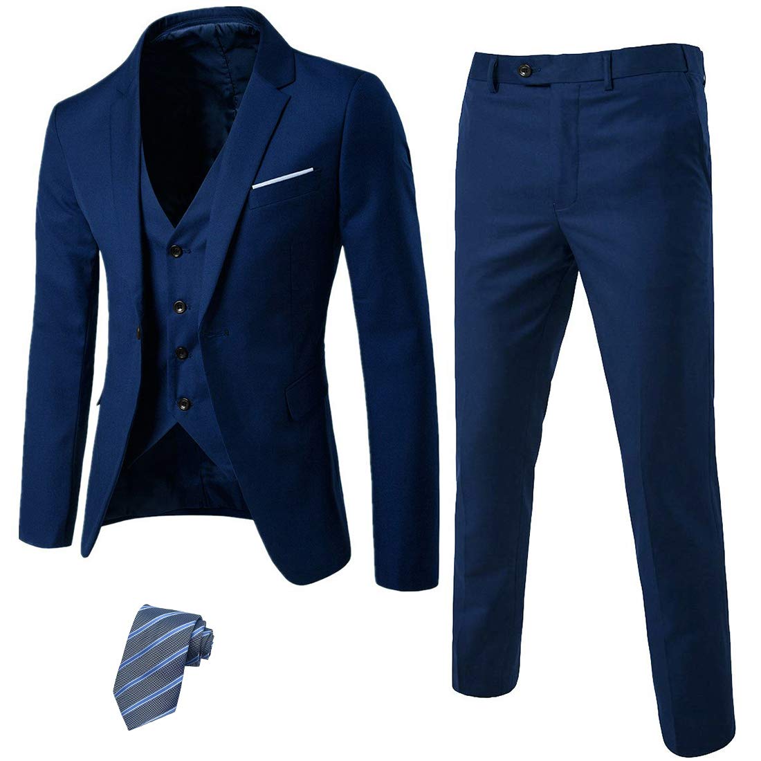 MrSureMrSure Men’s 3 Piece Suit Blazer, Slim Fit Tux with One Button, Jacket Vest Pants & Tie Set for Party, Wedding and Business, Deep Blue, XL