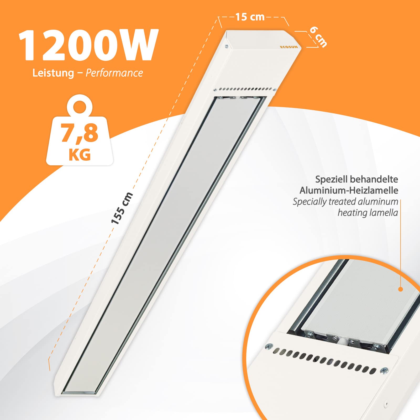 Ecosun S+ Infrarot Dunkelheitstrahler Wärmstrahler 1200W IPX4 Heizstrahler für Gastronomie Lagerhalle Werkstatt Garage