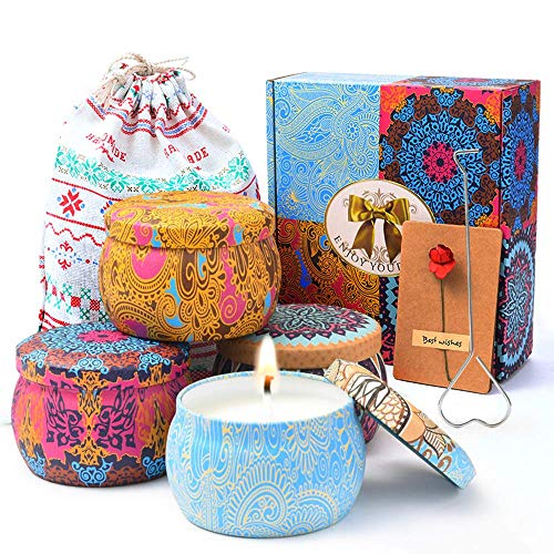 LONGKO Bougies Parfumées Lot de 4 Cire de soja Bougie en Etain avec 4 Fragrances-Parfait pour Bain, Yoga,Usage Aromatique,Cadeaux d'anniversaire Saint Valentin -Durée 25-30h