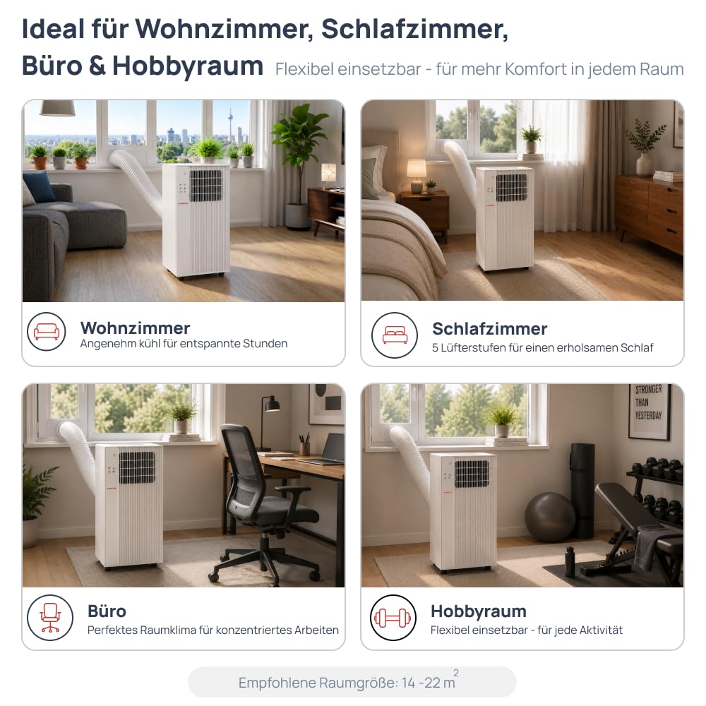 Hantech Mobile Inverter Klimaanlage 12000 BTU mit Abluftschlauch 3,5 kW | 3in1 Inverter Klimagerät zum Kühlen & Entfeuchten für 14-22m² Räume. Sparsame Energieklasse A mit Timer & Fernbedienung.