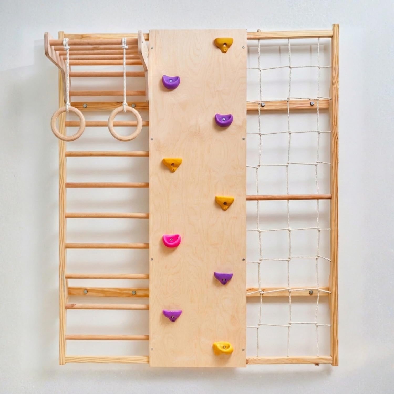 Curious Cub Wall Mounted Jungle Gym Set for Kids | Indoor Climbing Toy for Toddlers with Net Climbing, Ladder, Rock Climbing Wall, Monkey Bar & Gymnastic Rings | Exciting Gym Playset for Kids 2-9 yrs