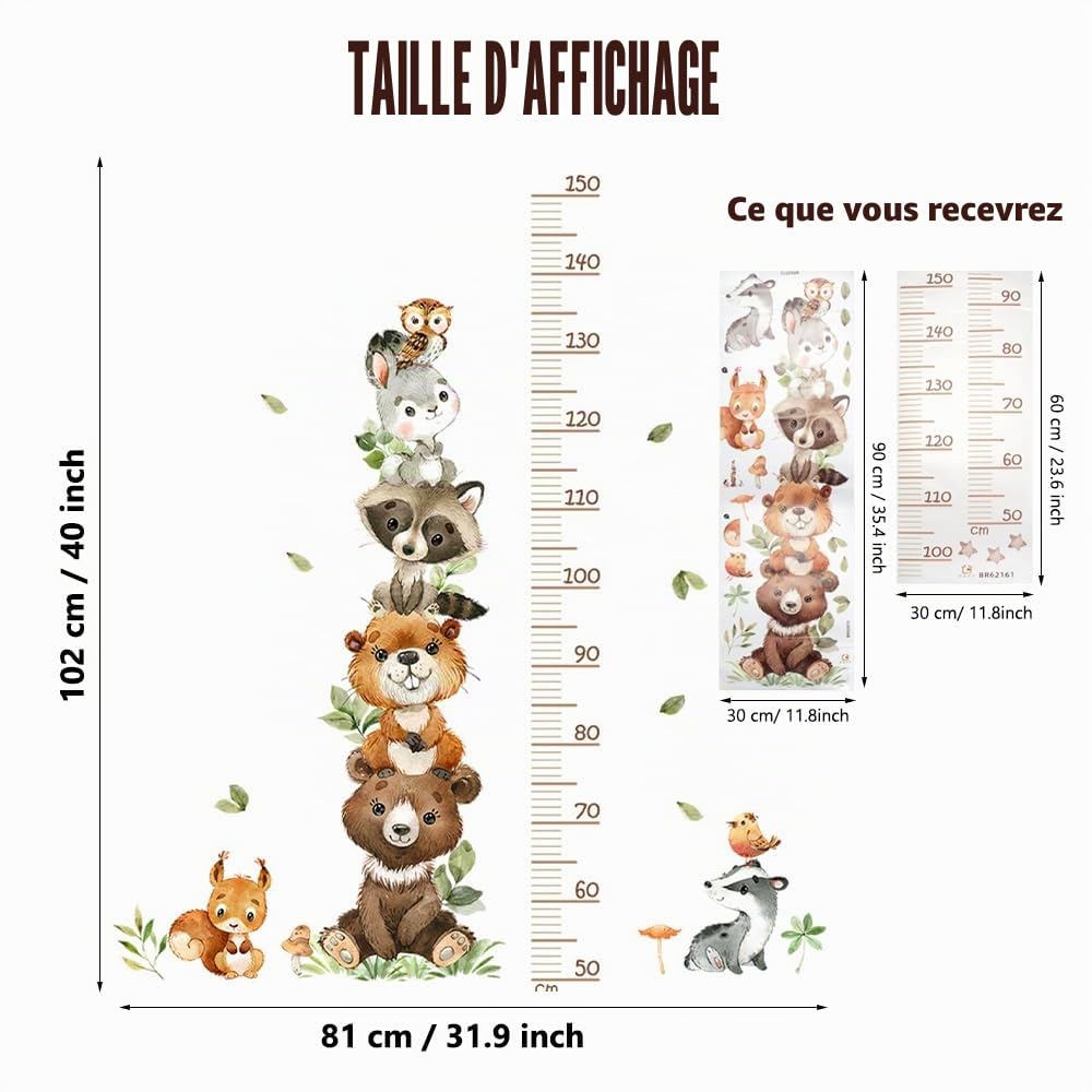 Toise Murale Enfant 50-150 cm - Tableau de Hauteur Animaux de la Forêt - Stickers Muraux pour Crèche