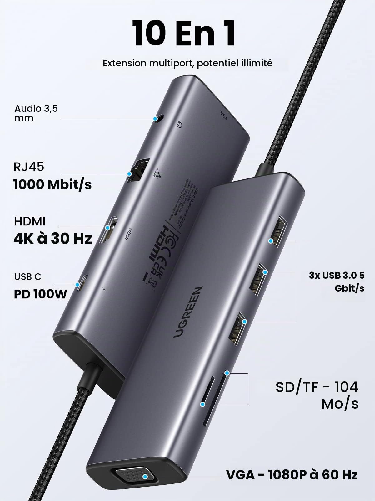 UGREEN 10 en 1 Hub USB C HDMI VGA Docking Station USB C PD 100W Adaptateur USB C vers RJ45 Ethernet Lecteur de Carte SD 3,5mm Audio Compatible avec MacBook iPad Pro Air iPhone 16 Plus Pro Max 15