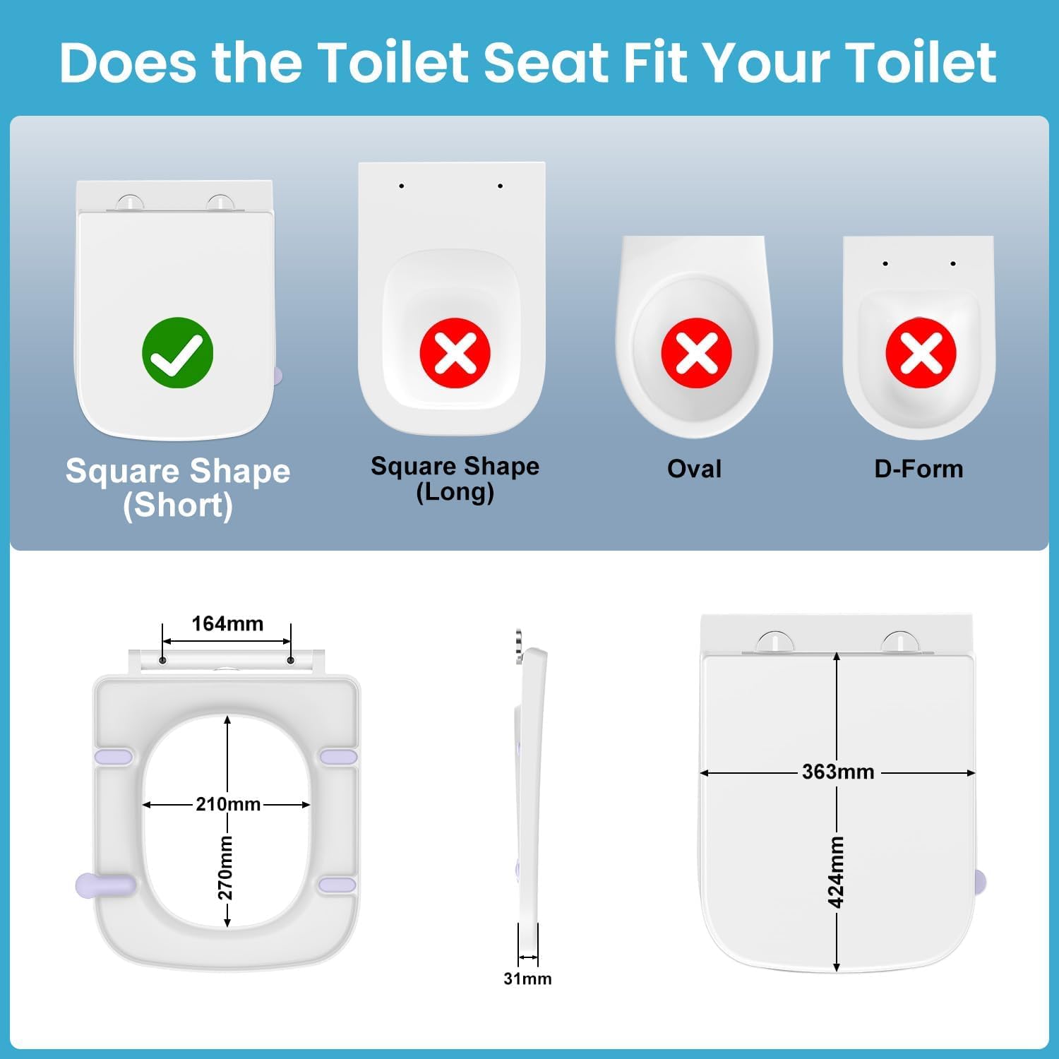 Tapa Wc Forma Cuadrado [Corto],YEAUPE PRO Asiento de inodoro cuadrado con cierre suave y liberación rápida para una fácil limpieza,universal para inodoros de forma cuadrada,42,4 * 36,2 * 4,4CM