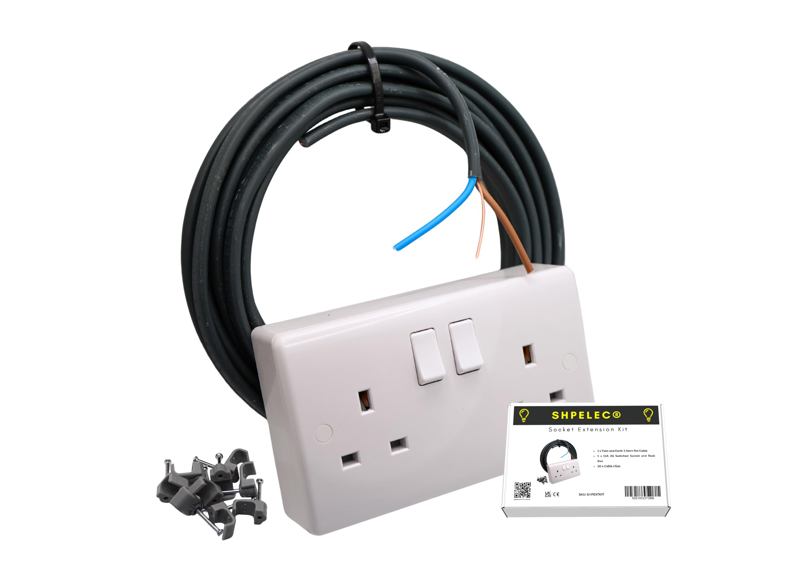 SHPELEC® 13A Socket Extension Kit c/w 20metres BASEC Electrical Twin and Earth 6242YH Cable & 13A Socket and PVC Back Box 2 Gang Socket Double Cable Mains 230V (1) — image 1