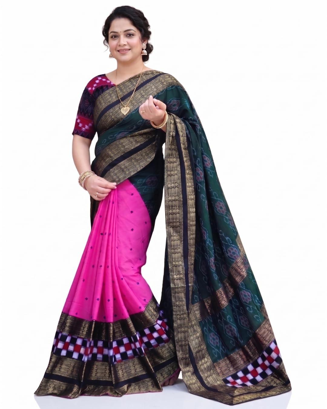 Utkal Handloom Patchwork Sambalpuri Cotton Handloom Saree | Traditional Odisha Weave | Pure Cotton Ethnic Wear for Women (Pink & Green)-picture-35