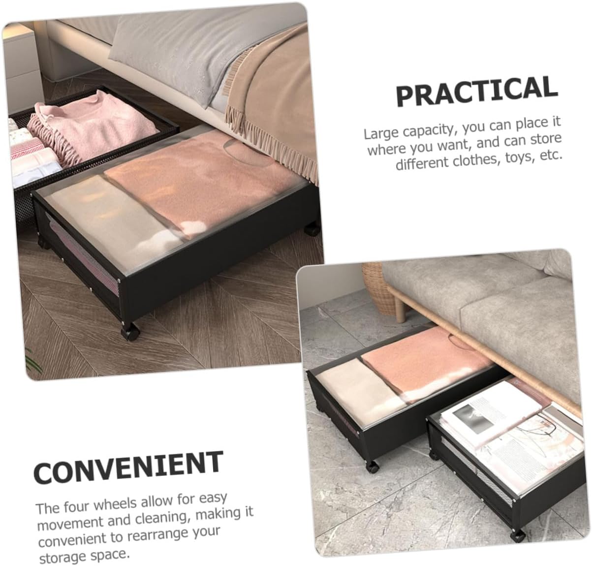 Under Bed Storage Box with Smooth Rolling Wheels Large Capacity Multifunctional Organizer for Bedroom and Clothes Storage Non-woven and PVC Material Space-saving Design for Spaces