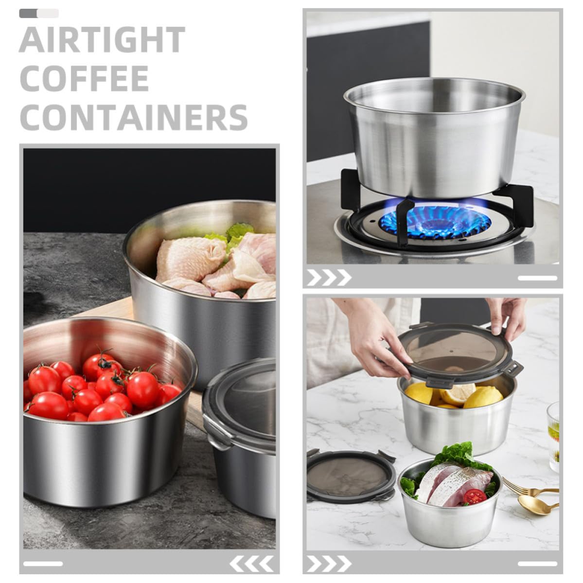 Recipientes Herméticos Multiusos de Acero Inoxidable 304 Juego de 3 con Tapa y Fáciles de Limpiar para Almacenamiento Seguro de Alimentos en Cocina