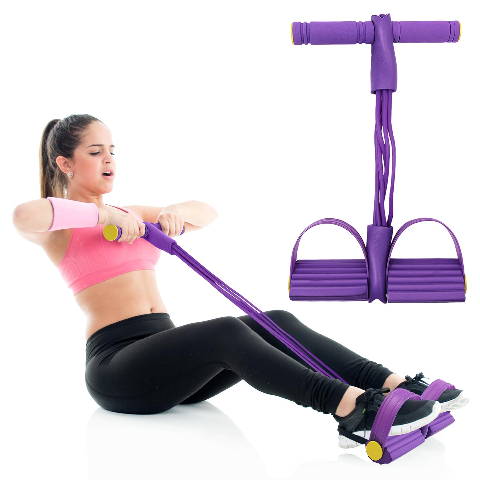 Adjustable Foot Pedal Resistance Trainer, Detachable 8-Tube Pull Exerciser, Home Gym Strength Workout Gear for Men & Women Purple