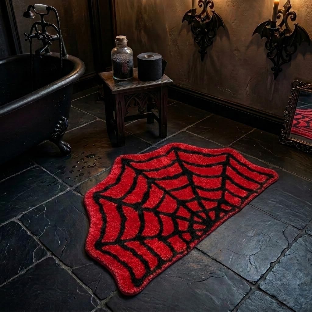 Spider Web Bathroom Rugs, Halloween Bath Mat Non-Slip Bath Rug Machine Washable Goth Rug, 31"×20" Small Area Rugs for Front Door Bedroom Kitchen（Red）