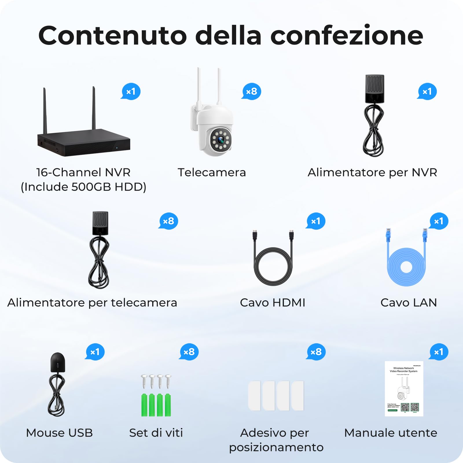 CAMCAMP kit videosorveglianza wifi telecamere da esterno videocamera sorveglianza, 360 gradi PTZ 16CH NVR con 500GB 2.4G& 5G wi-fi Vision Nocturne Couleur, AI Détection de Personne Enregistrement 24/7