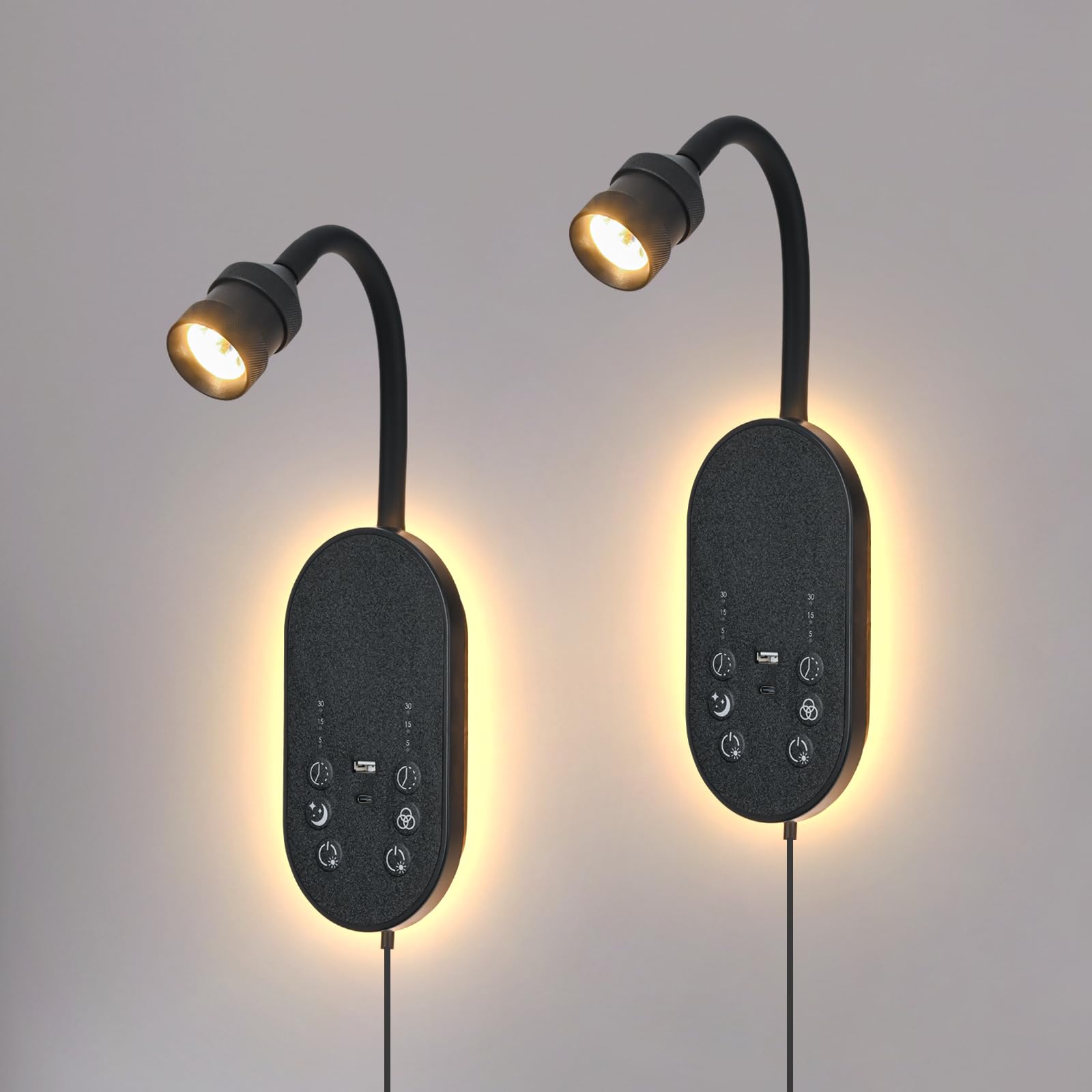 Wall Mount Reading Light for Bed Set of 2, Reading Lamp with USB C+A, Stepless Dimmable Touch Control Book Lights