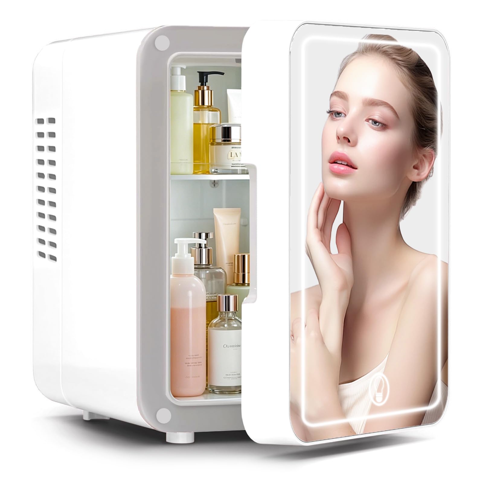 XGZ Skincare Mini Fridge With Dimmable LED Mirror，4L Portable Small Refrigerator ，Mini Cooler & Warmer Refrigerator for Bedroom, Car