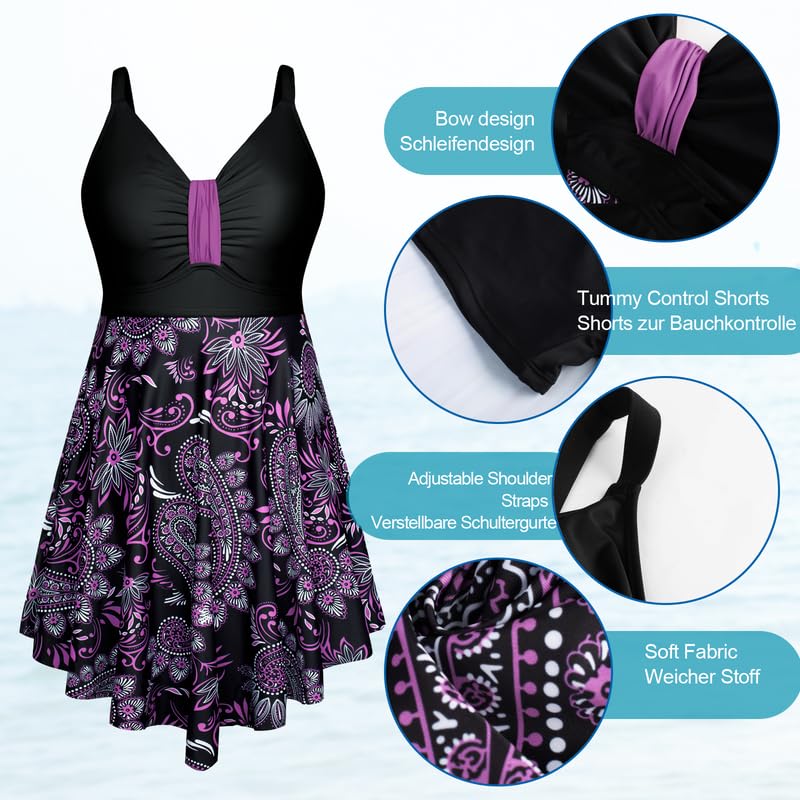 Hanna Nikole Badeanzug FüR Mollige Damen GroßE GrößEn Badekleid Einteiler Shape Bademode GerüSchter Schwimmanzug Weiche Bauchweg Strandmode Mit Badeshorts &Verstellbarer Schultergurt 3