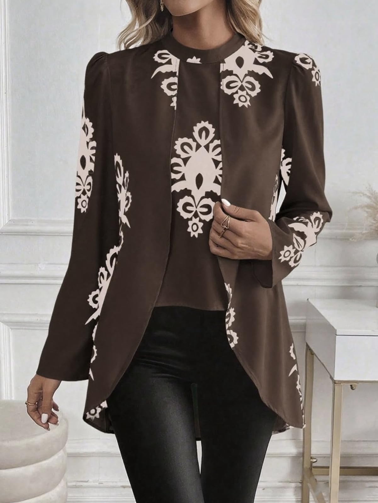 LKSCY - Camicetta da donna in raso vintage con motivo floreale, girocollo, maniche a sbuffo, vestibilità ampia, con orlo a spacco laterale, per ufficio, casual e autunnale