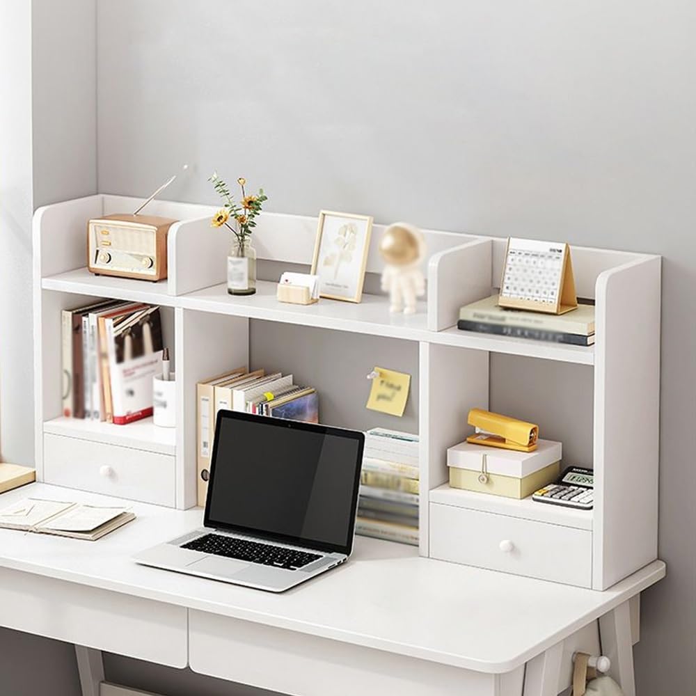 Generisch Schreibtisch Bücherregal Für Computertisch, Holz Bücherregal Organizer Regal Mit 2 Türen, Schreibtisch Aufsatzregal Für Home Office Wohnheim(White,80x16x52cm)
