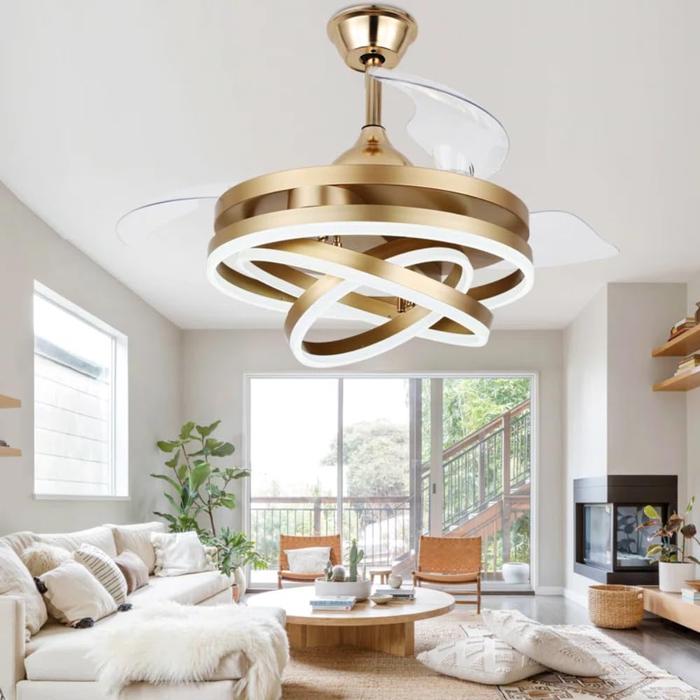 LUXORE INDIA InfinityGlow Ceiling Fan with Light – Modern LED Chandelier Fan with Remote, Retractable Blades, Silent Motor, Stylish Ceiling Fan for Living Room, Bedroom, Dining & Office (Gold)