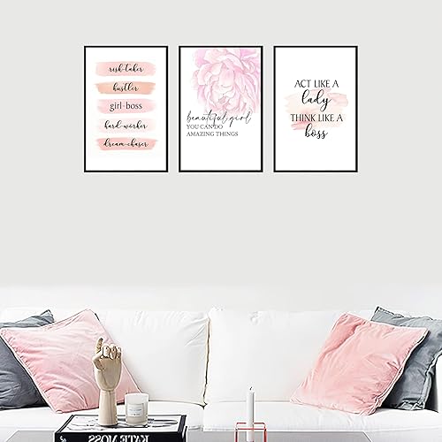 Miniatura 2 de Marco de lienzo de 3 piezas con citas inspiradoras, flores rosas, pósteres de arte de pared, impresiones de cuadros, para niñas, mujeres,