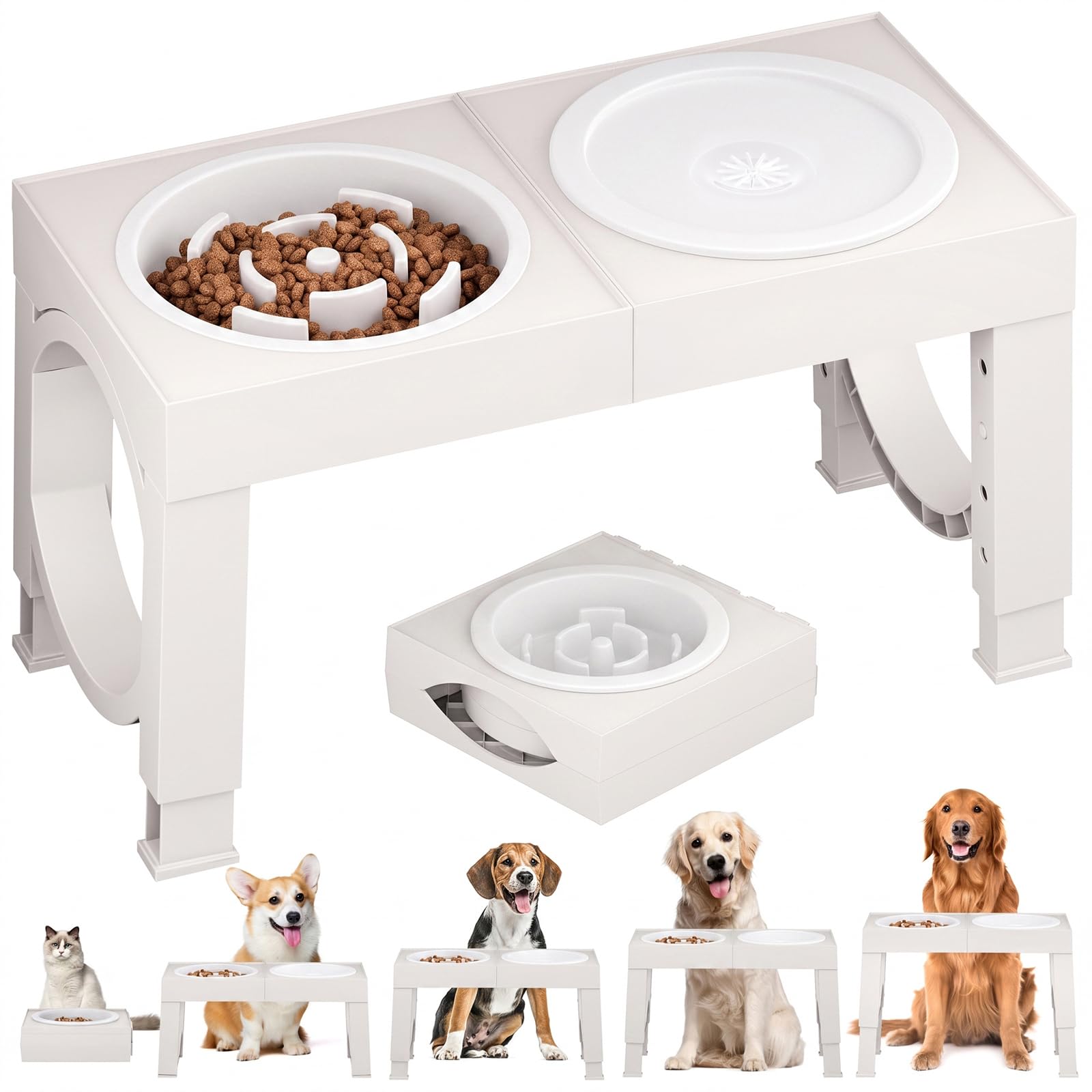 XIAZ Elevated Dog Bowls Large Breed Raised Dogs Bowl Stand Large/Medium Sized Dog Slow Feeder Dogs Bowls Food Water Stands 5 Heights Adjustable 9/11/12/14in Pet Feeder Dish Station