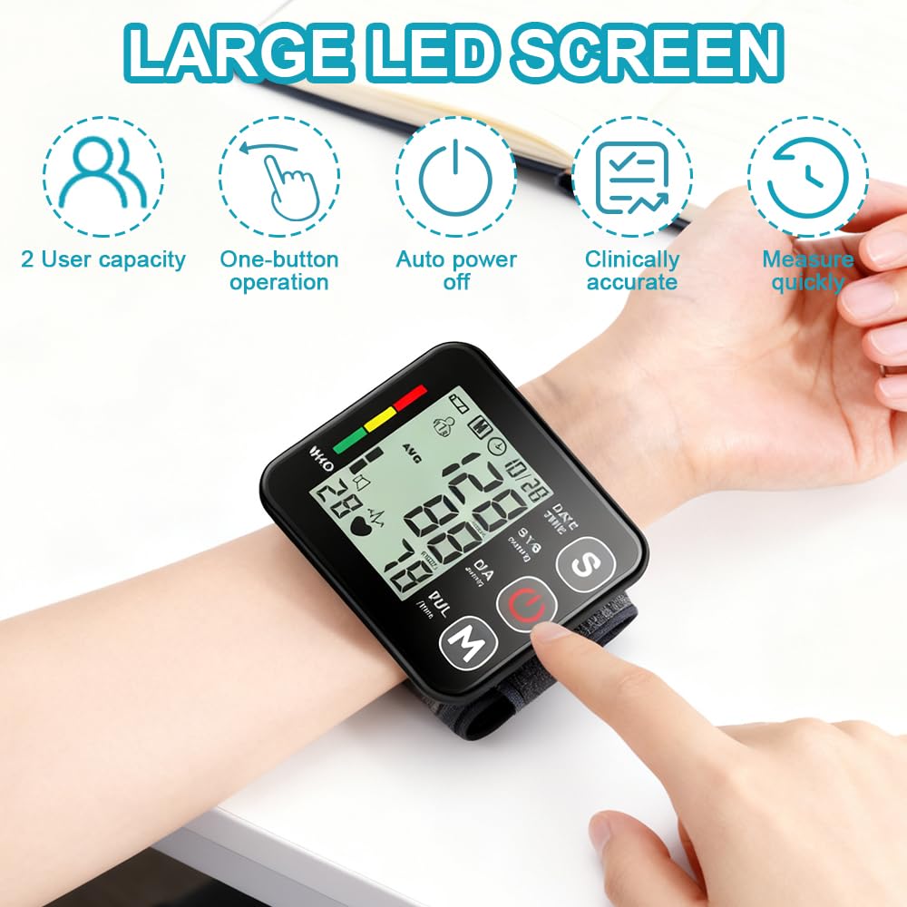 Tensiómetro de Muñeca, Tensiometro Muñeca con Pantalla Grande, Portátil Aparelho de Medir Tensão Arterial, Wrist Blood Pressure Monitor para Uso Doméstico o Al Aire Libre (Negro)