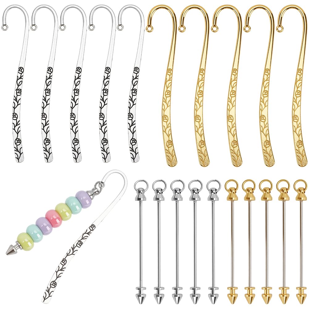 SUNNYCLUE 1 Box 10Pcs Beadable Bookmarks Bulk Metal Blank Bar Bookmark Hairpin Hook with Keychains Bars Beaded Book Markers for Beads Jewellery Pendants Charms Beading Marks Teacher Student Office