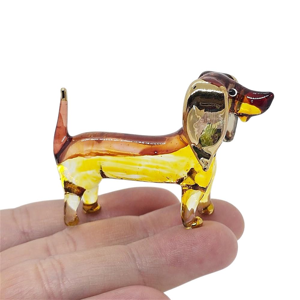 WitnyStore Tiny 2" Long Yellow Brown Standing Dachshund Figurine - Miniature Hand Blown Painted Glass Dogs Puppy Hound Canine Domestic Pet Animals