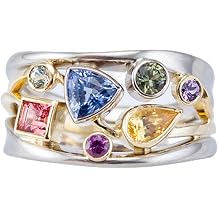 Two Tone Ring, Colorful Rainbow Cubic Zirconia Rings for Women, Vintage Gold and Silver Wide Band Boho Classic Geometric Eternity Stacking Jewelry