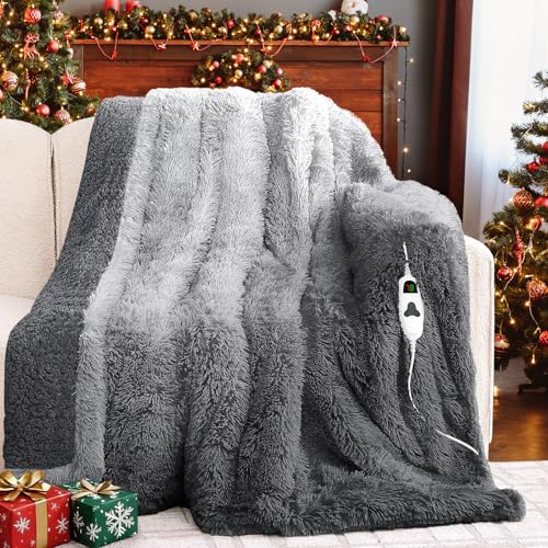 RUJIPO Heated Electric Blanket Throw–Faux Fur with Soft Thick Sherpa,Warm Winter Birthday Gifts for Women Grandma，10 Heat Settings,5 Time Settings with Fast Heating, 50x60, Foggy Dusk