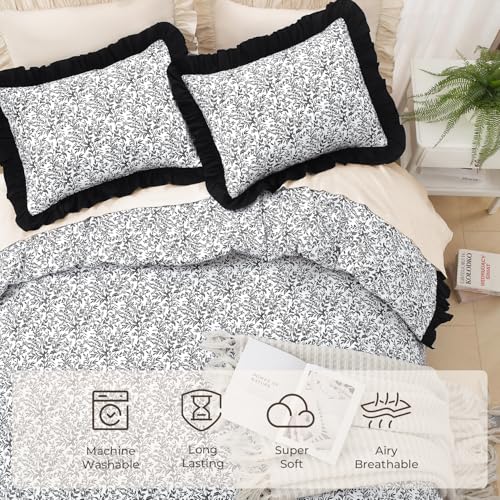 Image of Litanika Black White Queen Comforter Set, 3 Pieces Ruffle Floral Farmhouse Aesthetic Bedding Comforter Set, All Season Soft Lightweight Fluffy Microfiber Bed Set(90x90In Comforter, 2 Pillowcases)