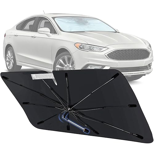 Windshield Umbrella Shade for Ford Fusion 2013-2021 Foldable Sunshade for Front Windows with 360° Rotating Shaft, Custom fit car Shade for UV Blocking and Heat Insulation