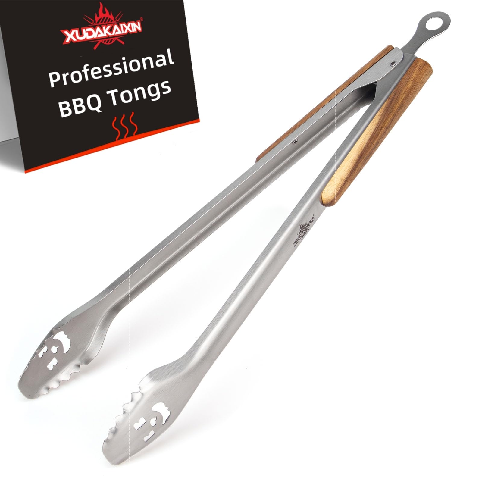 XUDAKAIXIN 53,3 cm extra lange Grillzange aus Edelstahl mit ergonomischem Griff aus Akazienholz – langlebiges und leicht zu reinigendes Grillwerkzeug zum Kochen, für die Küche und Grillen im Freien