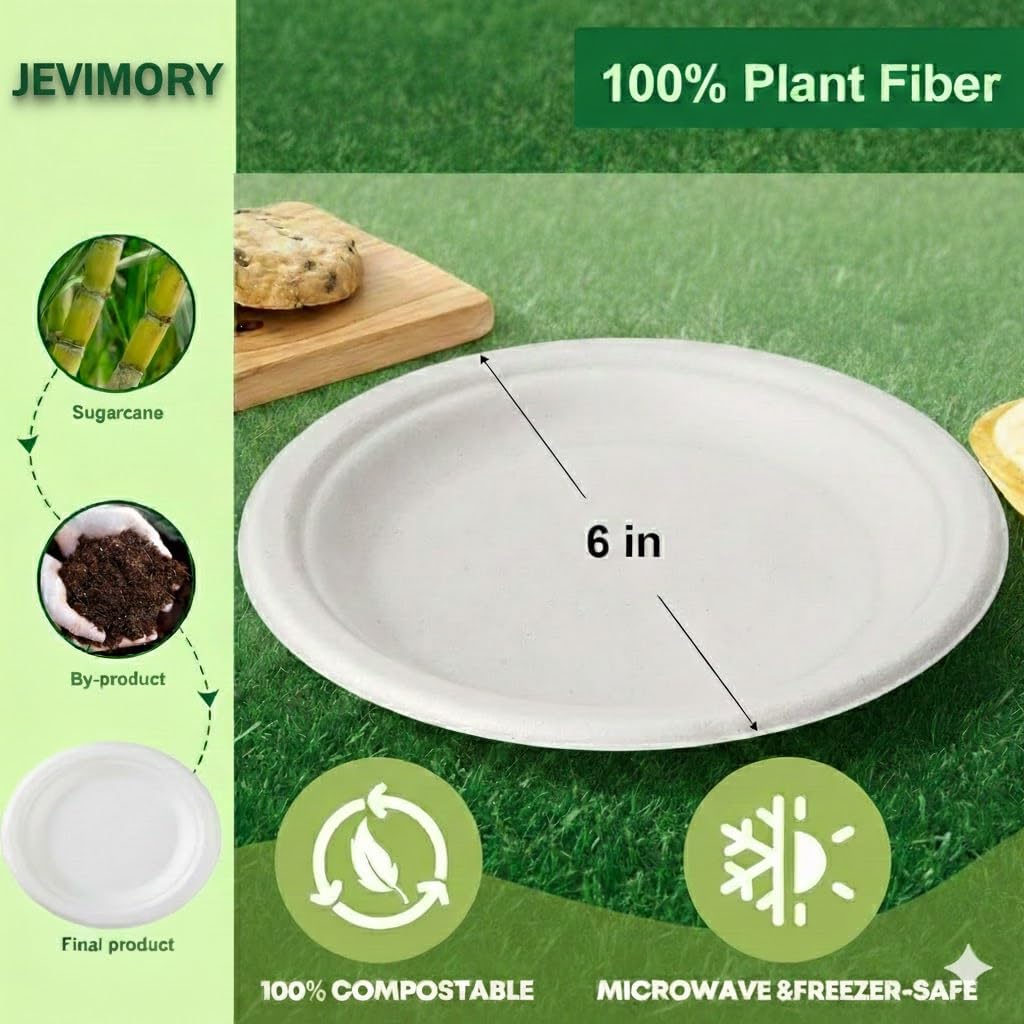 125 Pack 6 inch Paper Plates, Heavy-Duty Disposable Paper Plates 100% Compostable - Biodegradable Bagasse Dessert Plates Bulk for Party, Wedding, Snacks (Natural)​ (6 Inch 125 Pack White) image 5