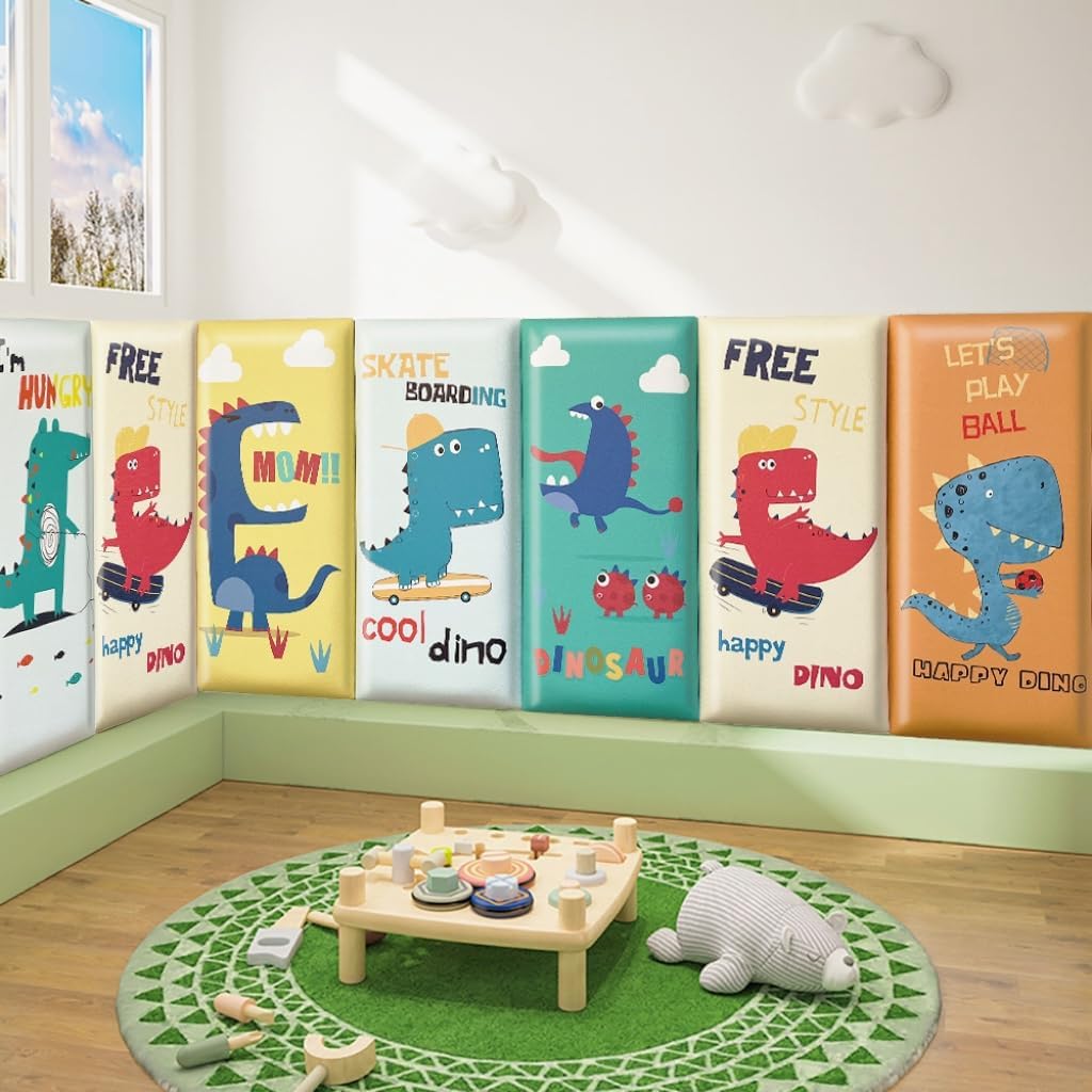 6pcs Anti Collision Wall Padding for Kids Playroom, 3D Wall Peel and Stick Headboard, 19.7’’ x 7.8’’ Soft Wall Cushion, Upholstered Wall Pads for Sensory Room Bedroom