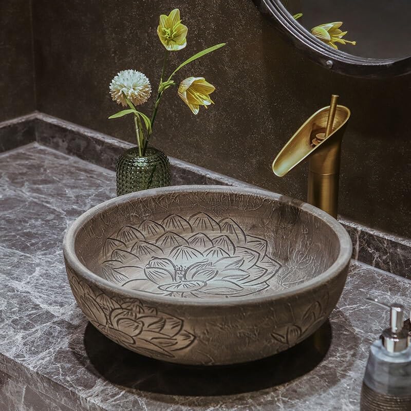 Waschbecken Kunst Keramik Waschbecken Vintage Runde Waschbecken Einzelbecken Verdicktes Badezimmer Balkon Outdoor Waschbecken Waschbecken Badezimmer