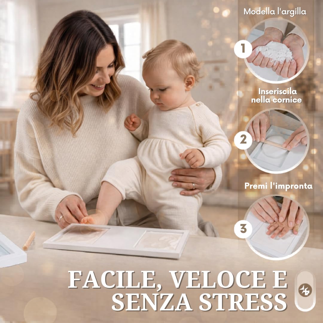 kit Impronte mani e piedi Neonato, Impronta Bambino, Cornice Impronte Digitali, Regalo Neonato, Battesimo, Bambino, Nascita. Argilla Antigrietta e Vetro Acrilico, Impronta Cane.