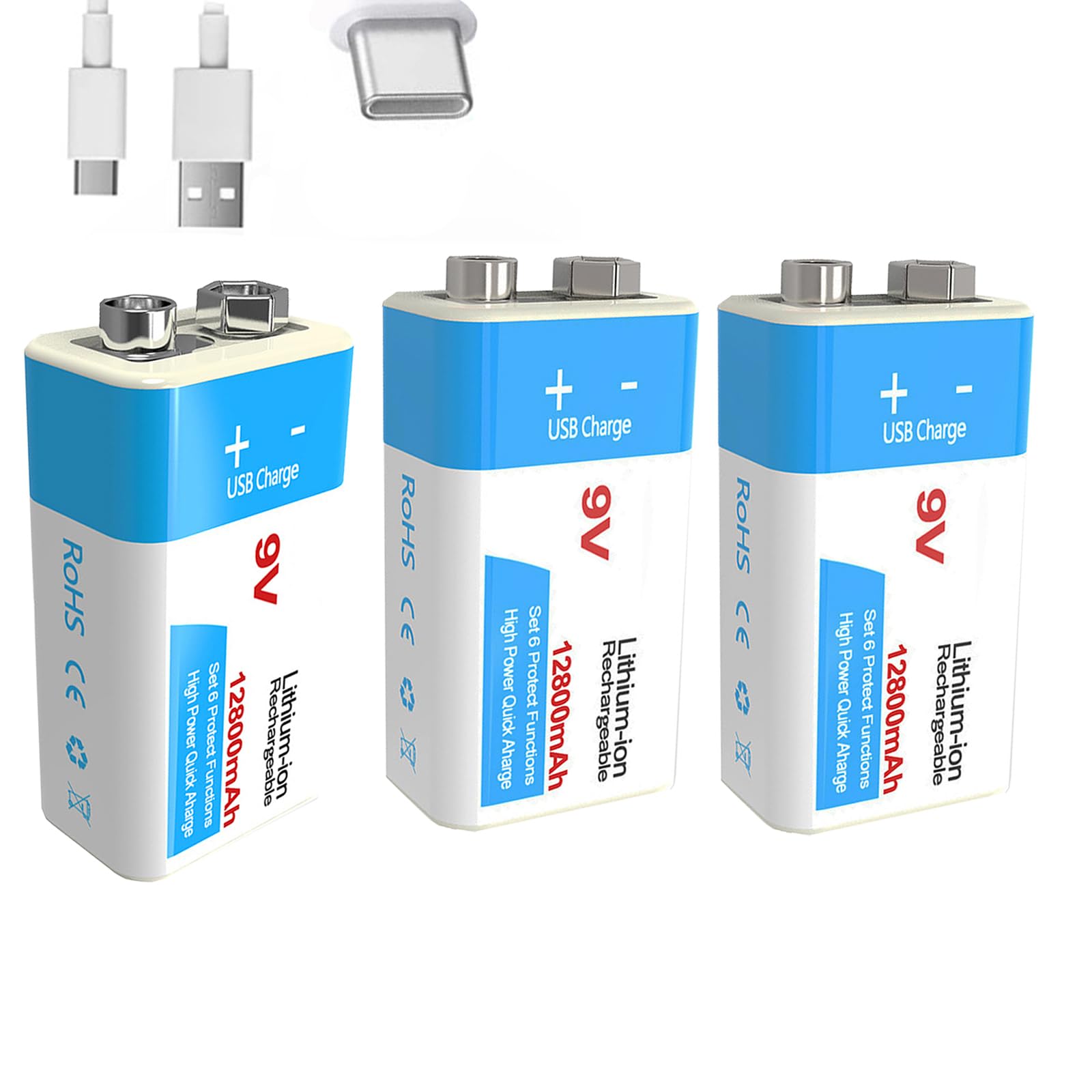 Batteria Ricaricabile 9V Batteria agli ioni Litio 9 Volt 12800mAh per allarmi/microfoni/rilevatori Fumo/Giocattoli/torce elettriche Altri dispositivi Batteria Backup