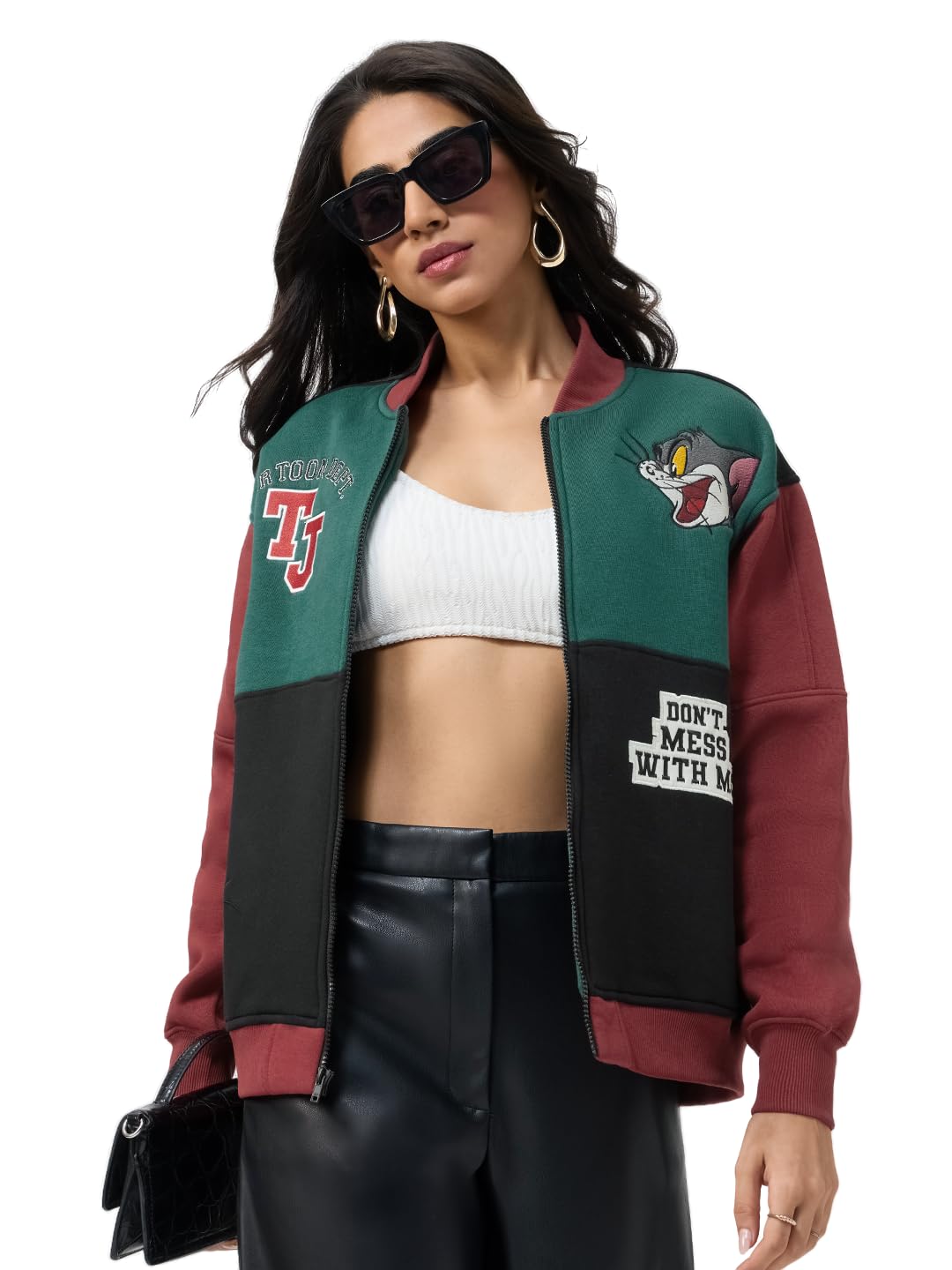 The Souled Store Tom and Jerry: Don't Mess With Me Women and Girls Full Sleeves Spread Collar Green Graphic Printed Knit Oversized Fit Lightweight Everyday Varsity Jacket in green