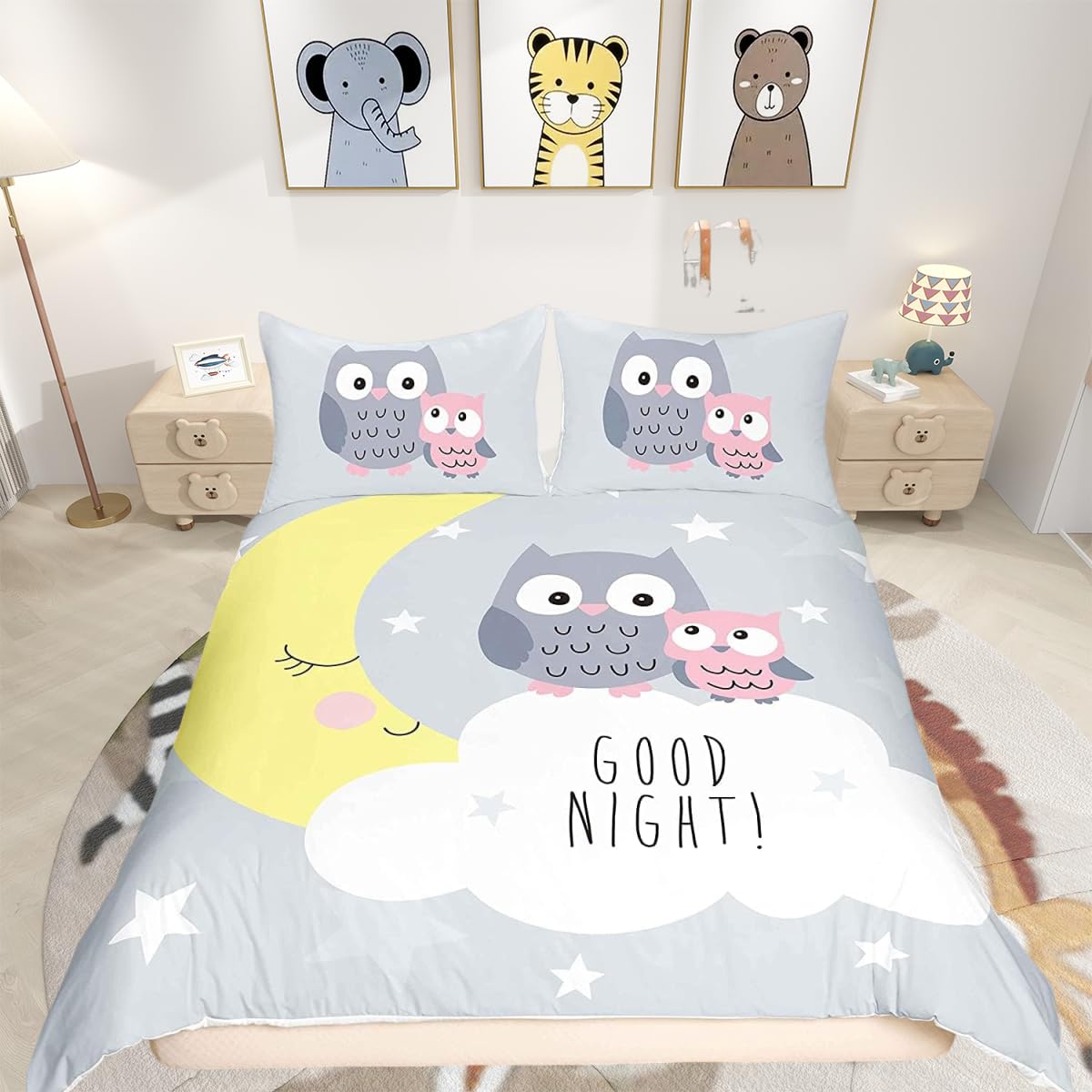 Homemissing Boys Multicoloured 24 3D Animal Bedding & Linen Cartoon Owls Bedding Set For Girls Kids Owl Duvet Cover Moon Stars Bedding & Linen Single Size Quilt Cover 2Pcs