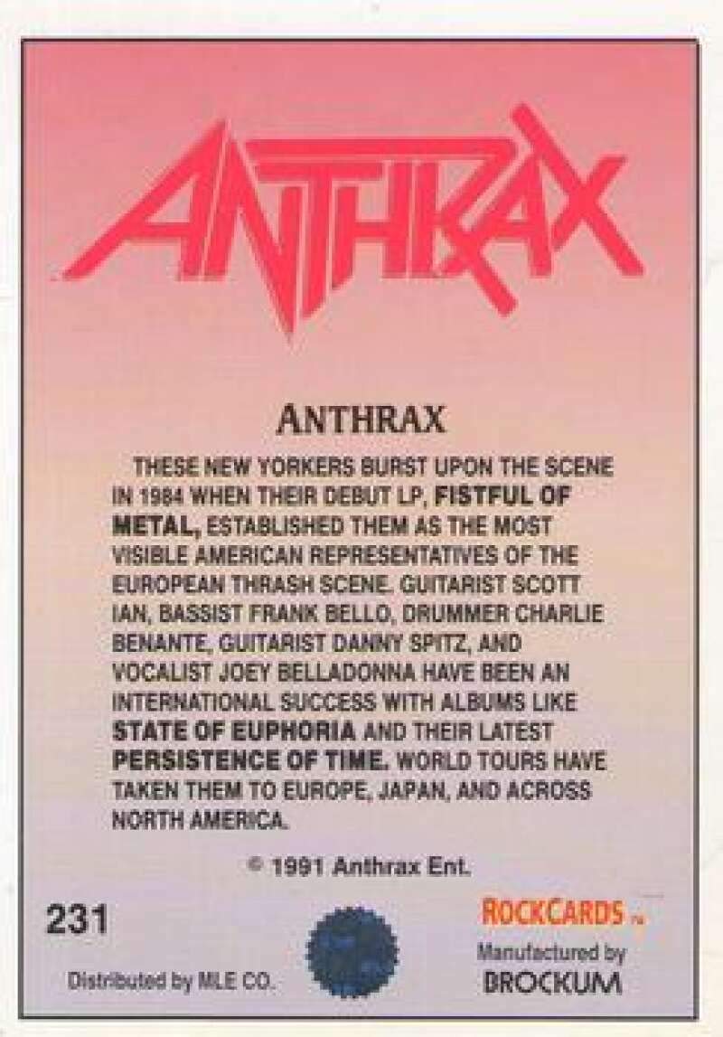 1991 Brockum Rock Cards NonSport #231 Anthrax Official Standard