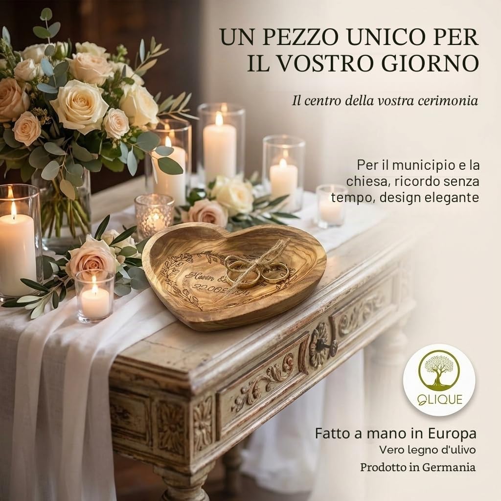 Cuscino per anelli matrimonio in legno d'ulivo, personalizzato – Ciotola in legno fatto a mano a forma di cuore